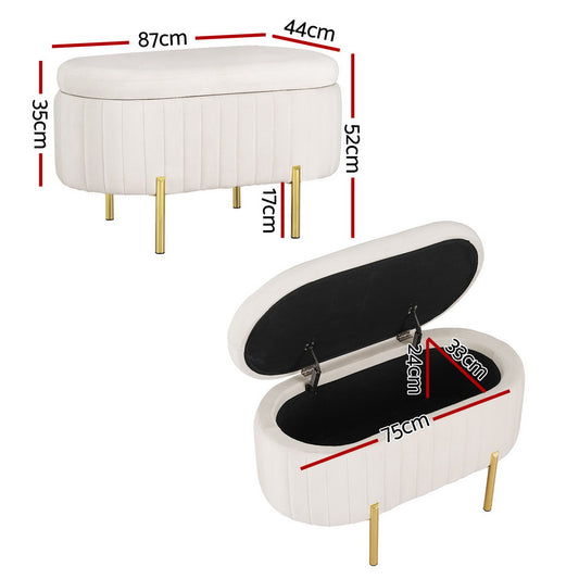 Artiss Storage Ottoman Blanket Box 87cm Velvet Oval White OTM-OVL-02-VEL-WH