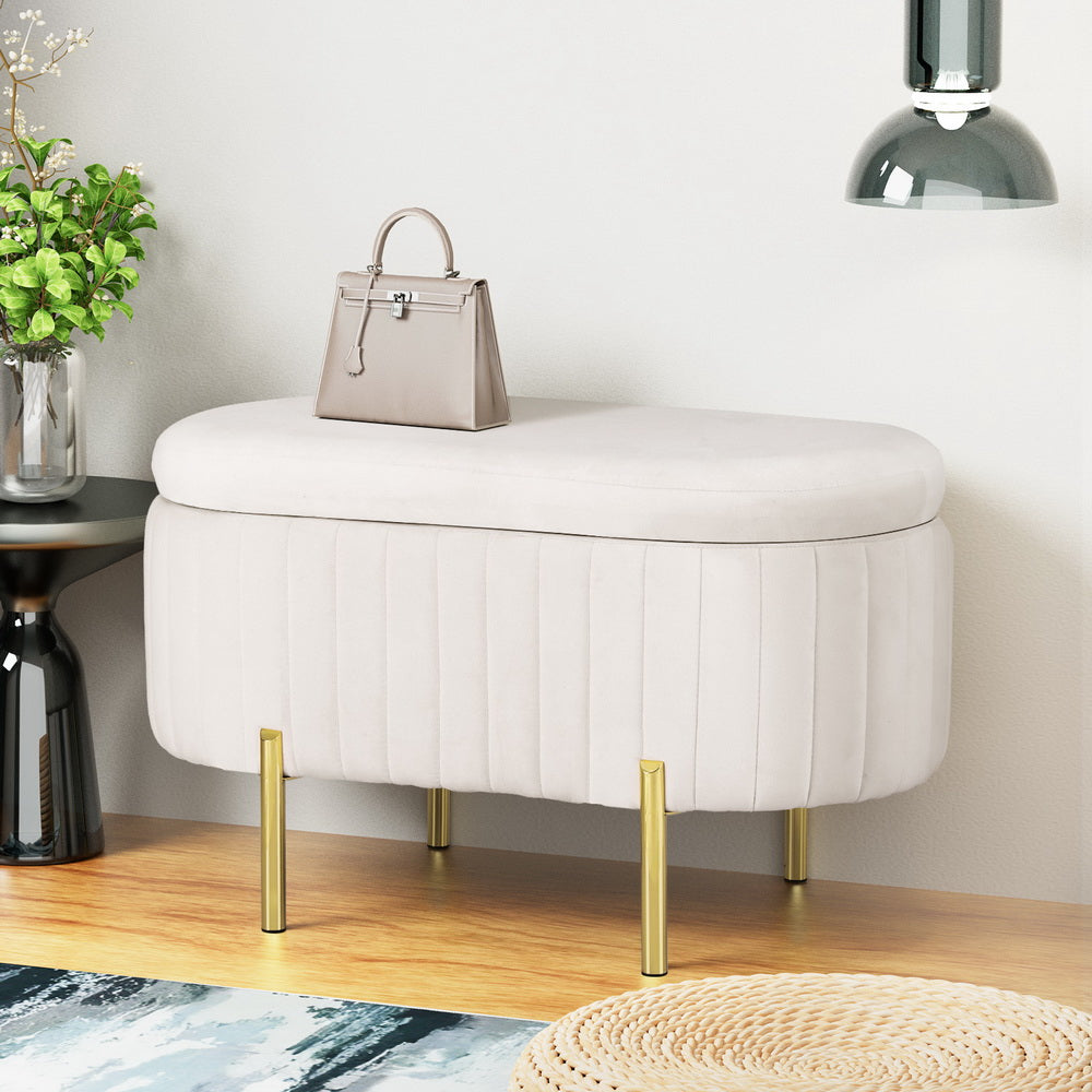 Artiss Storage Ottoman Blanket Box 87cm Velvet Oval White OTM-OVL-02-VEL-WH