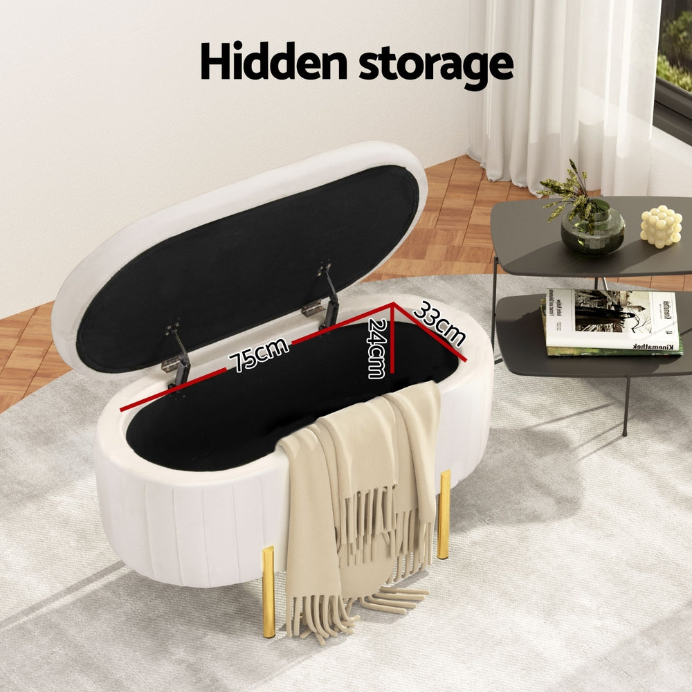 Artiss Storage Ottoman Blanket Box 87cm Velvet Oval White OTM-OVL-02-VEL-WH