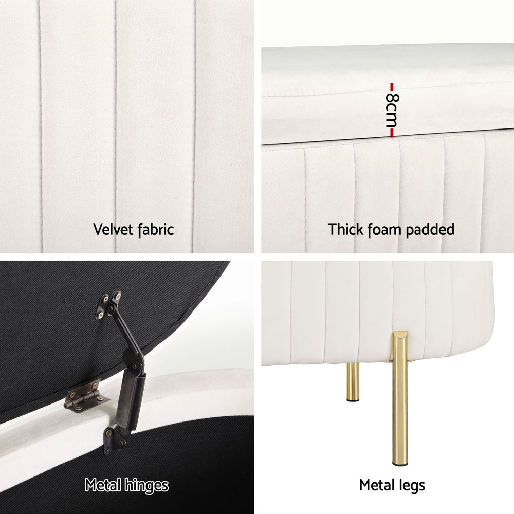 Artiss Storage Ottoman Blanket Box 87cm Velvet Oval White OTM-OVL-02-VEL-WH