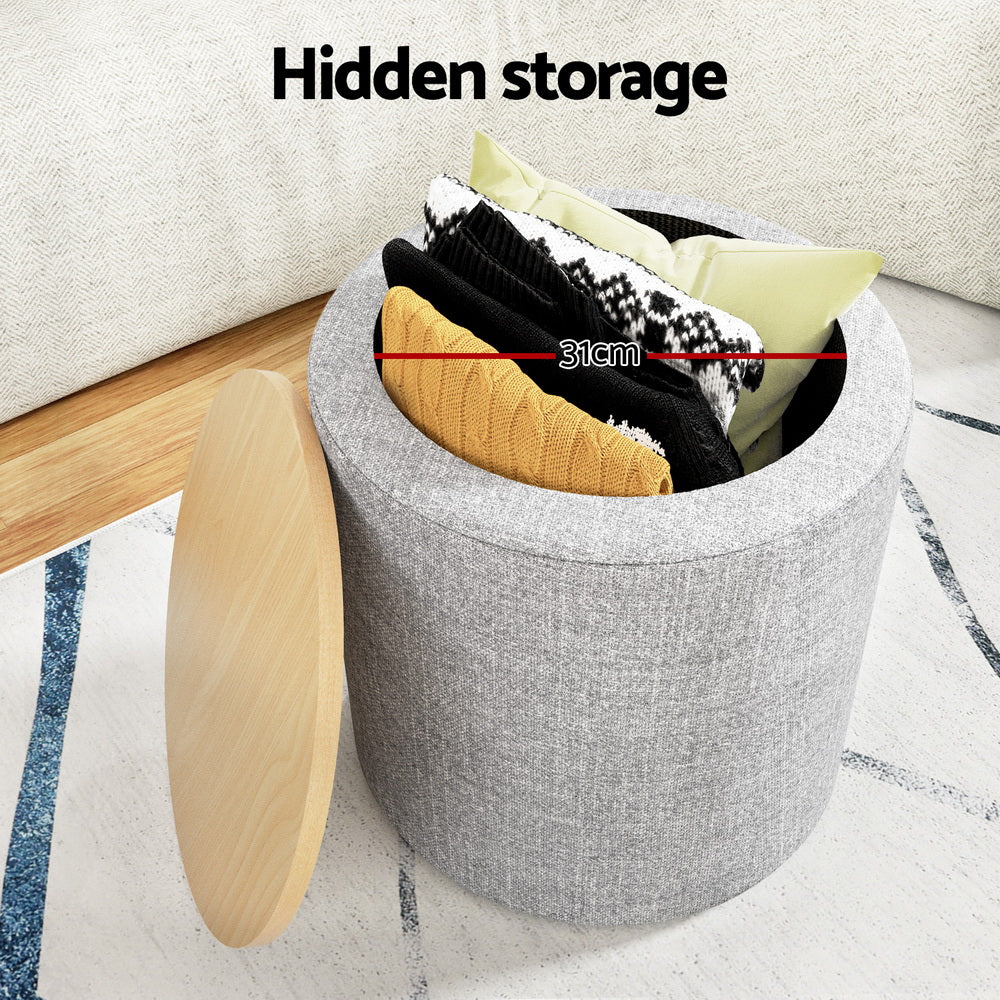 Artiss Storage Ottoman Blanket Box 40cm Linen Round Grey OTM-ROUND-01-L40-GY