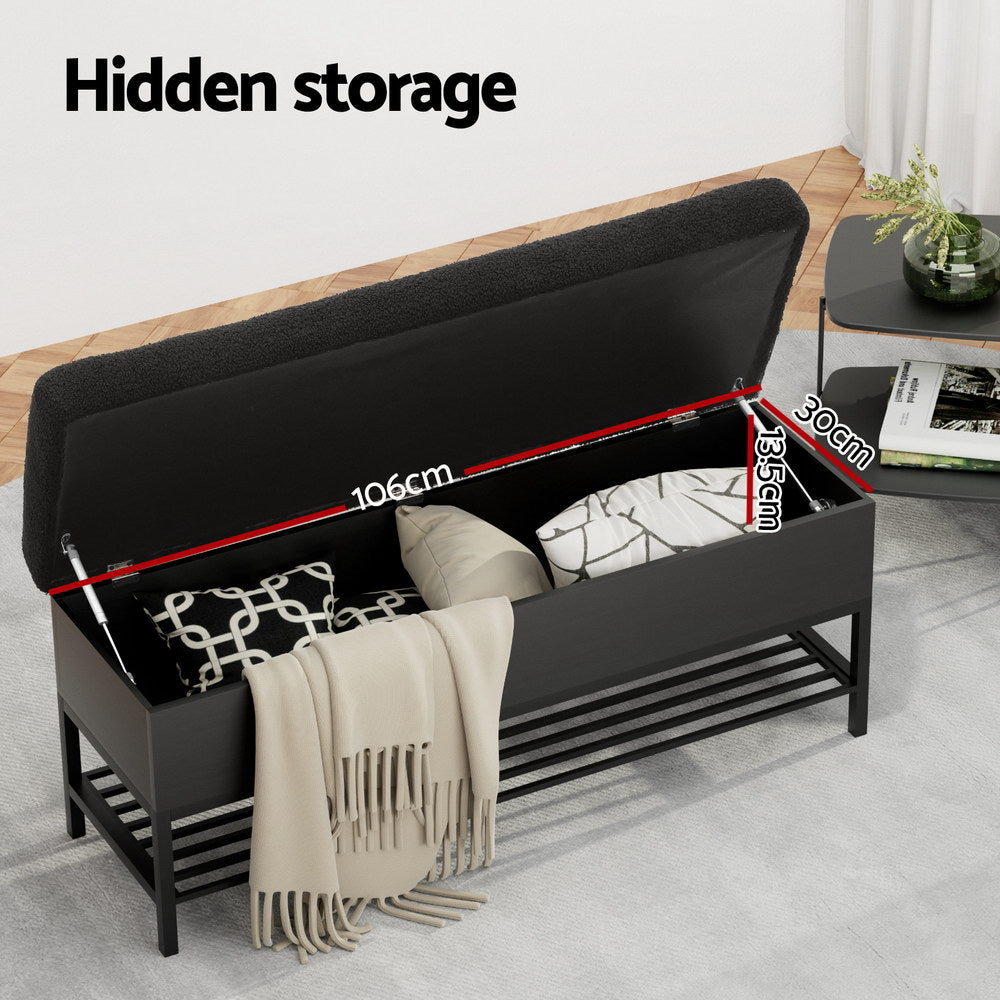 Artiss Storage Ottoman Blanket Box 110cm Boucle Shelf OTM-RTA-01-SHF-BK