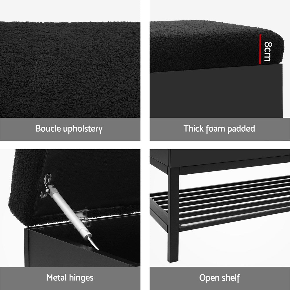 Artiss Storage Ottoman Blanket Box 110cm Boucle Shelf OTM-RTA-01-SHF-BK