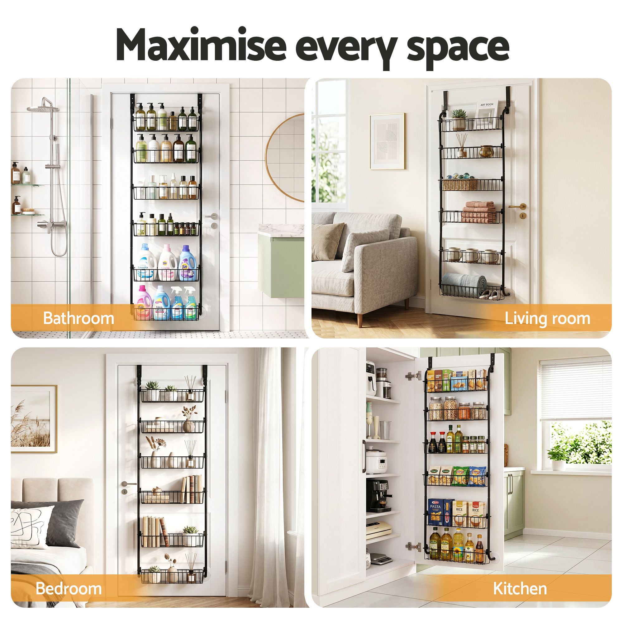 Artiss Over Door Storage Hanger Pantry 6-Tier Metal Hook Hanging Organiser Black OVDS-A-MET01-BK