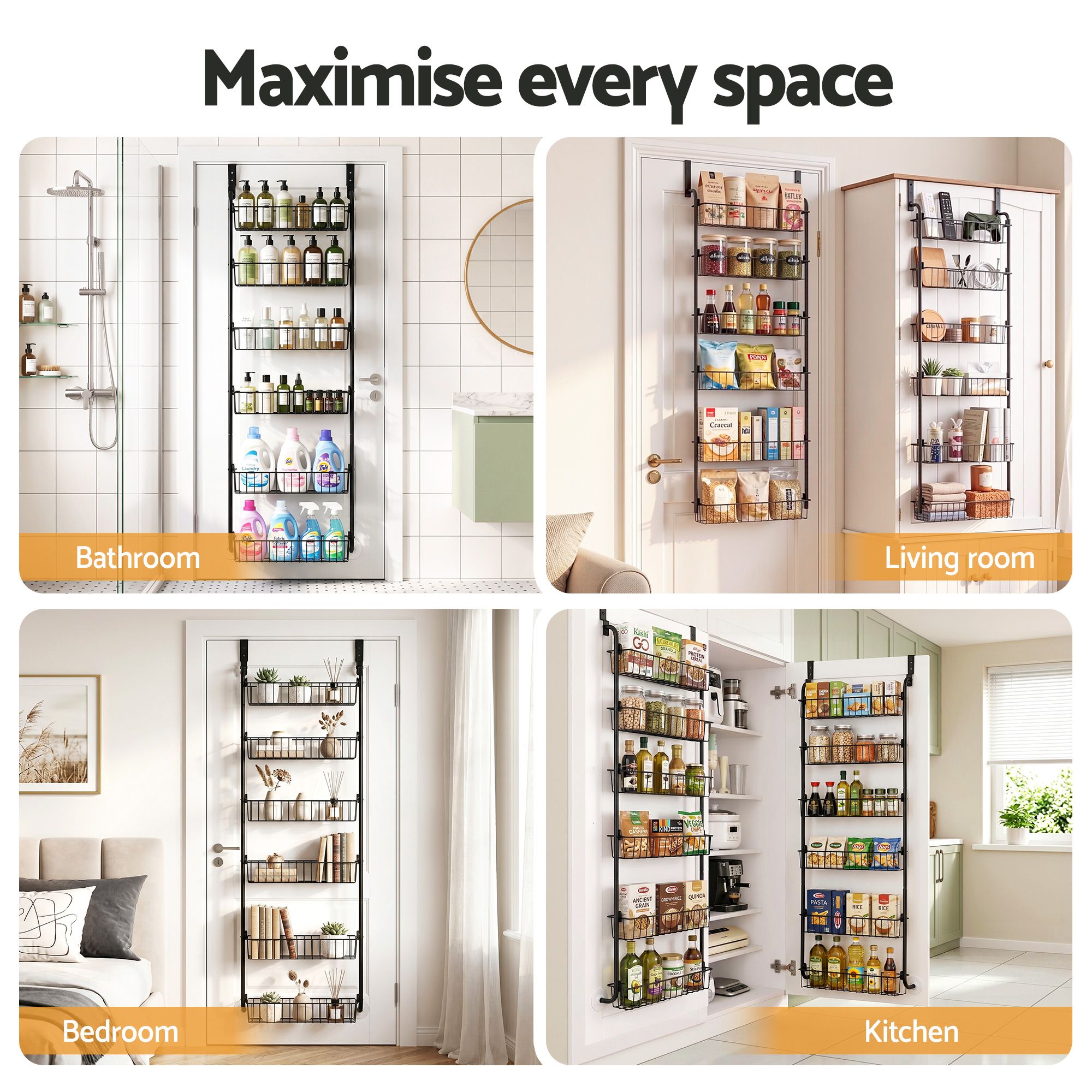 Artiss 2x Over Door Storage Pantry Organiser 6-Tier Metal Hanger Hook Black OVDS-A-MET01-BKX2