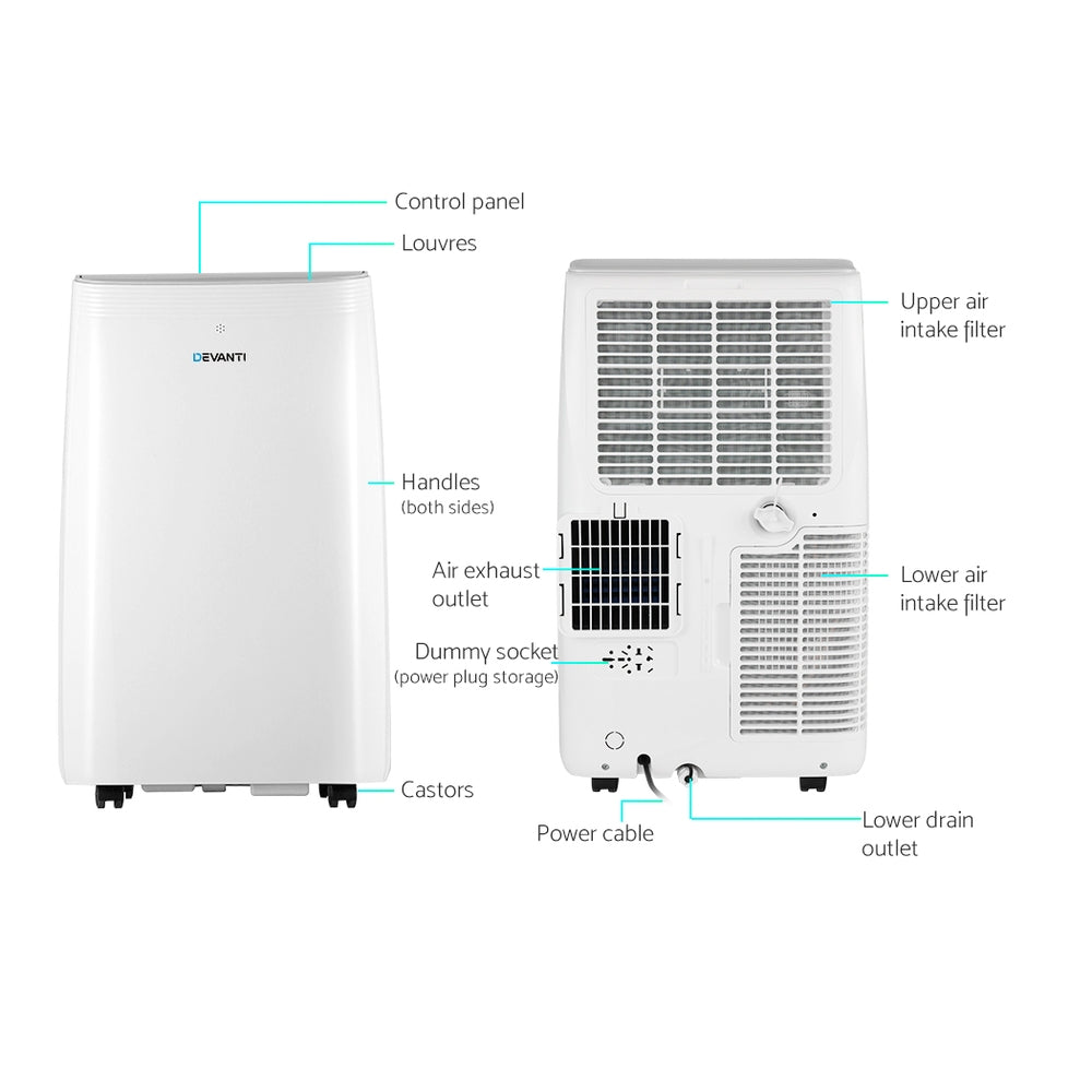 Devanti 12000BTU Portable Air Conditioner Cooling Mobile Fan Cooler Remote 3300W PAC-A-22K-NEW-WH