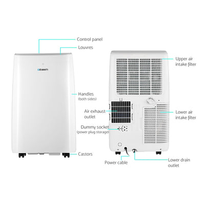 Devanti 12000BTU Portable Air Conditioner Cooling Mobile Fan Cooler Remote 3300W PAC-A-22K-NEW-WH