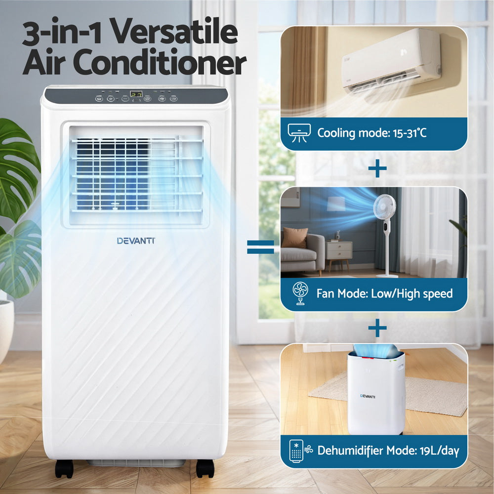 3-in-1 Devanti Portable Air Conditioner Dehumidifier Fan 7000BTU PAC-B-7000-WH