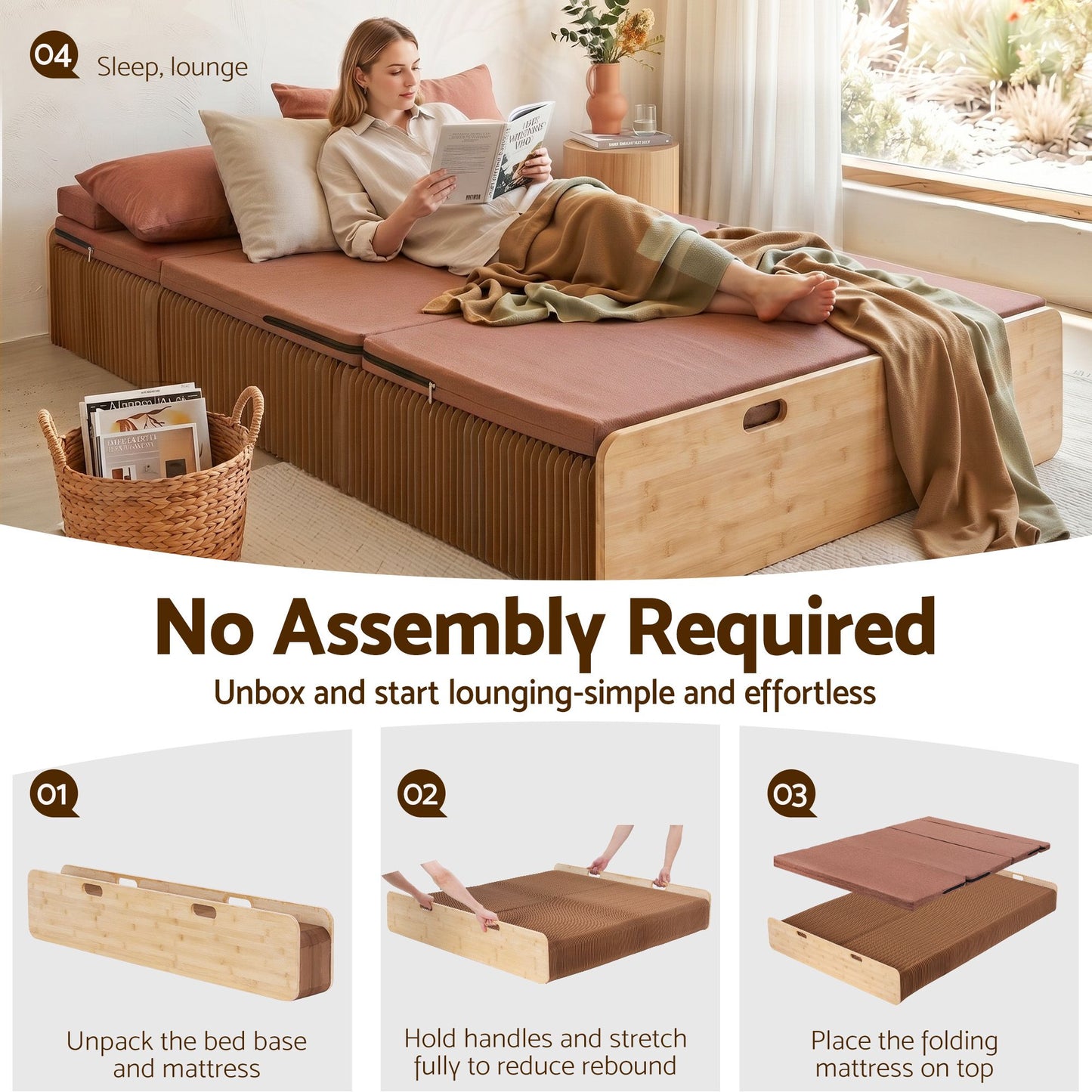 Artiss Folding Kraft Paper Bed Frame with Mattress and Pillow 300kg Capacity 200x120cm PAPER-BED-12023-BR-AB