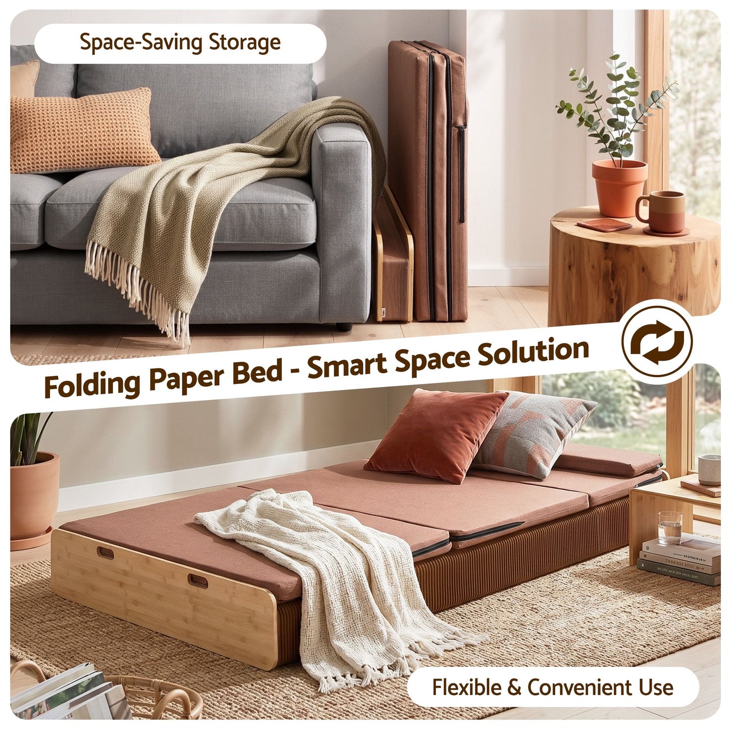 Artiss Folding Kraft Paper Bed Frame with Mattress and Pillow 300kg Capacity 200x120cm PAPER-BED-12023-BR-AB