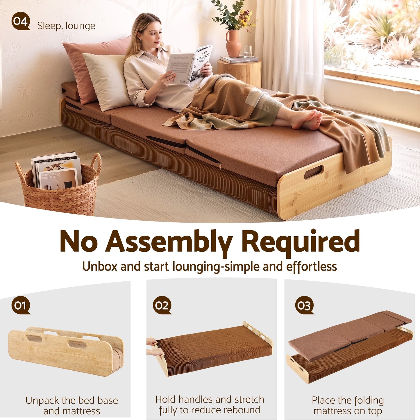 Artiss Folding Kraft Paper Bed Frame with Mattress and Pillow 300kg Capacity 200x60cm PAPER-BED-6016-BR-AB