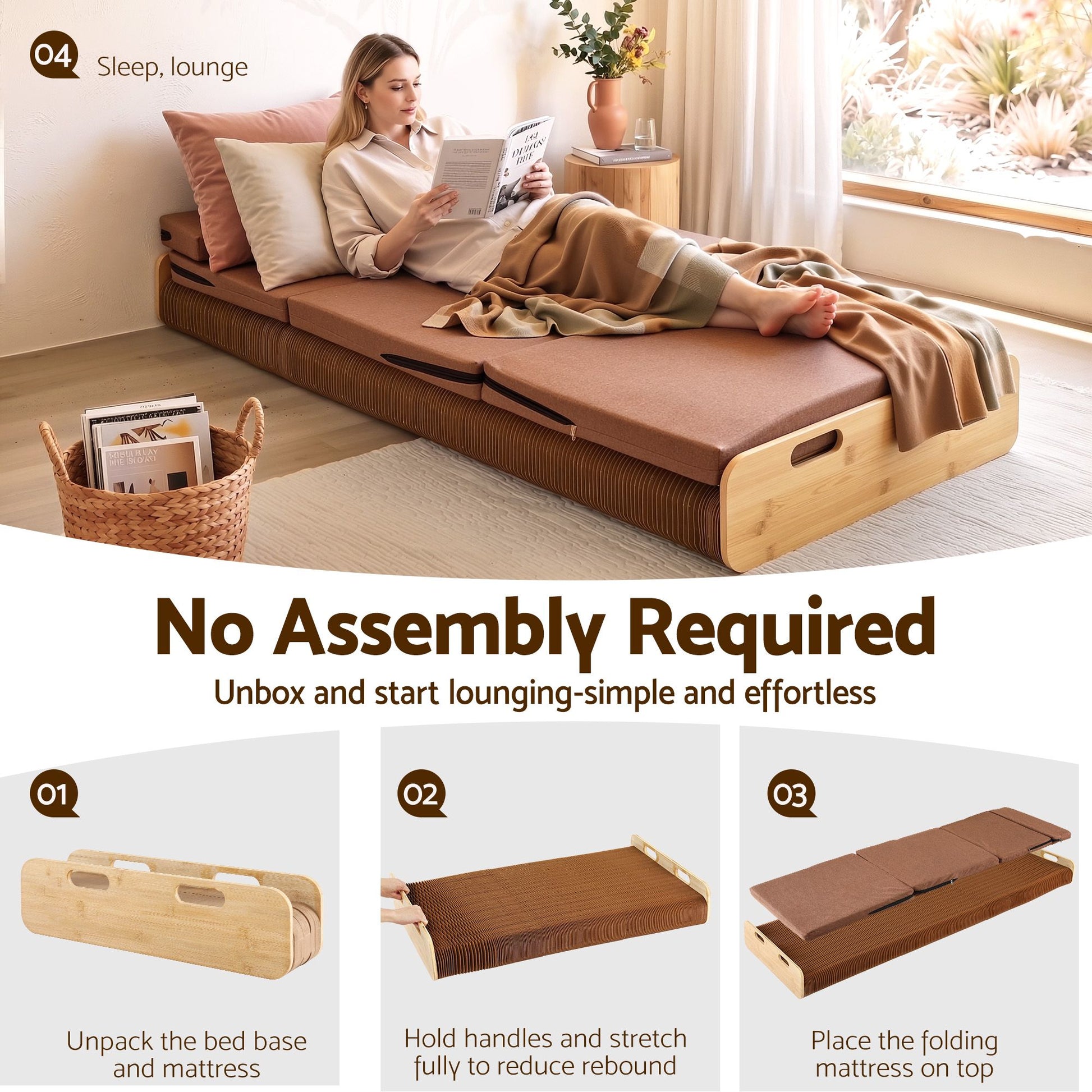 Artiss Folding Kraft Paper Bed Frame with Mattress and Pillow 300kg Capacity 200x60cm PAPER-BED-6016-BR-AB