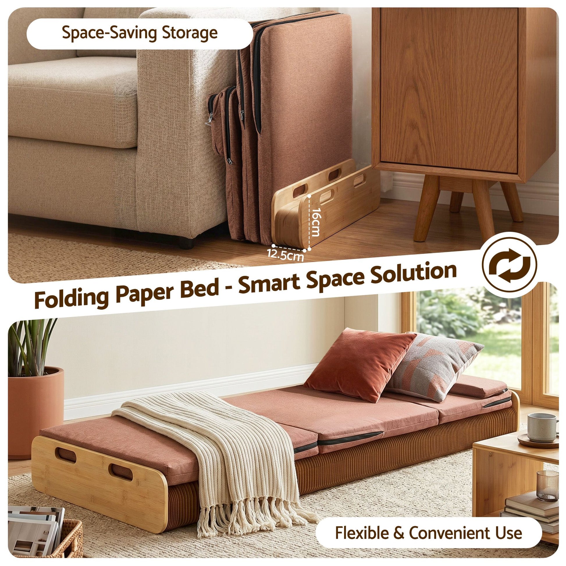 Artiss Folding Kraft Paper Bed Frame with Mattress and Pillow 300kg Capacity 200x60cm PAPER-BED-6016-BR-AB