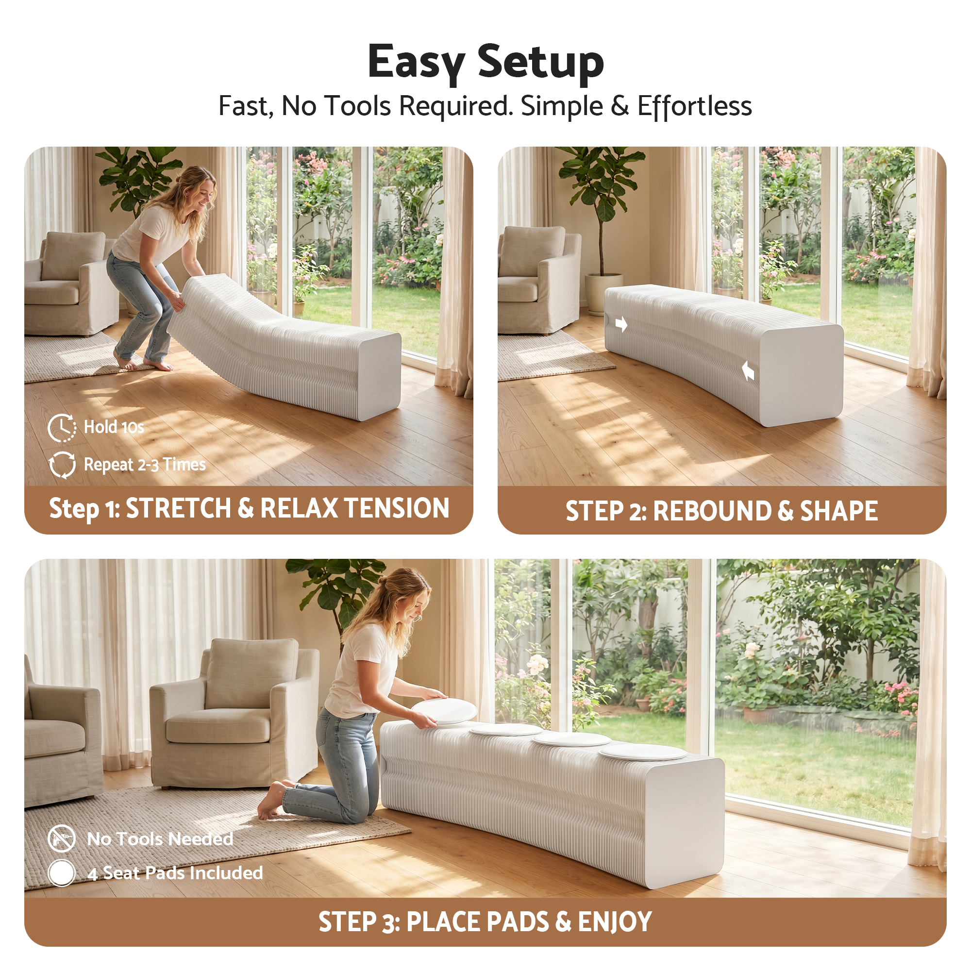 Artiss Folding Paper Bench With 4 PU Leather Seat Pads Expandable Accordion Stool For 4 Seats PAPER-BENCH-4S-WH