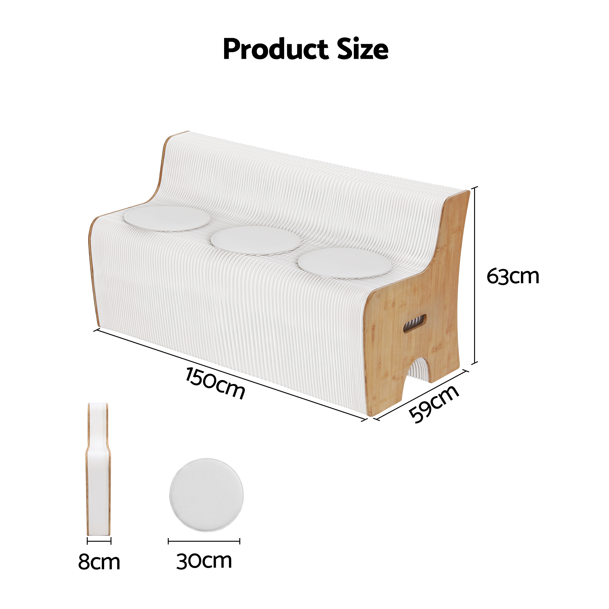Artiss Folding Kraft Paper Sofa 3 Seater Accordion Bench with PU Leather Cushion Collapsible Couch 300kg PAPER-SOFA-3S-WHWD