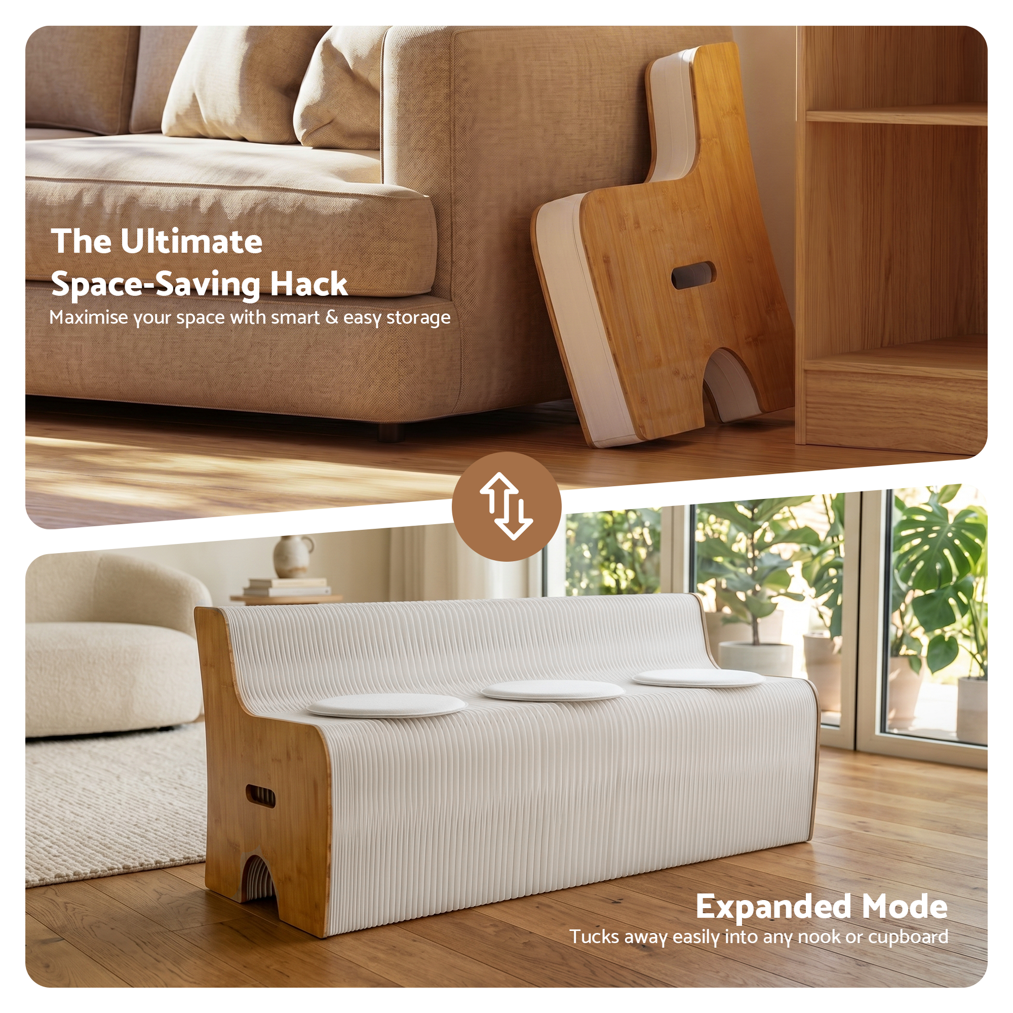Artiss Folding Kraft Paper Sofa 3 Seater Accordion Bench with PU Leather Cushion Collapsible Couch 300kg PAPER-SOFA-3S-WHWD