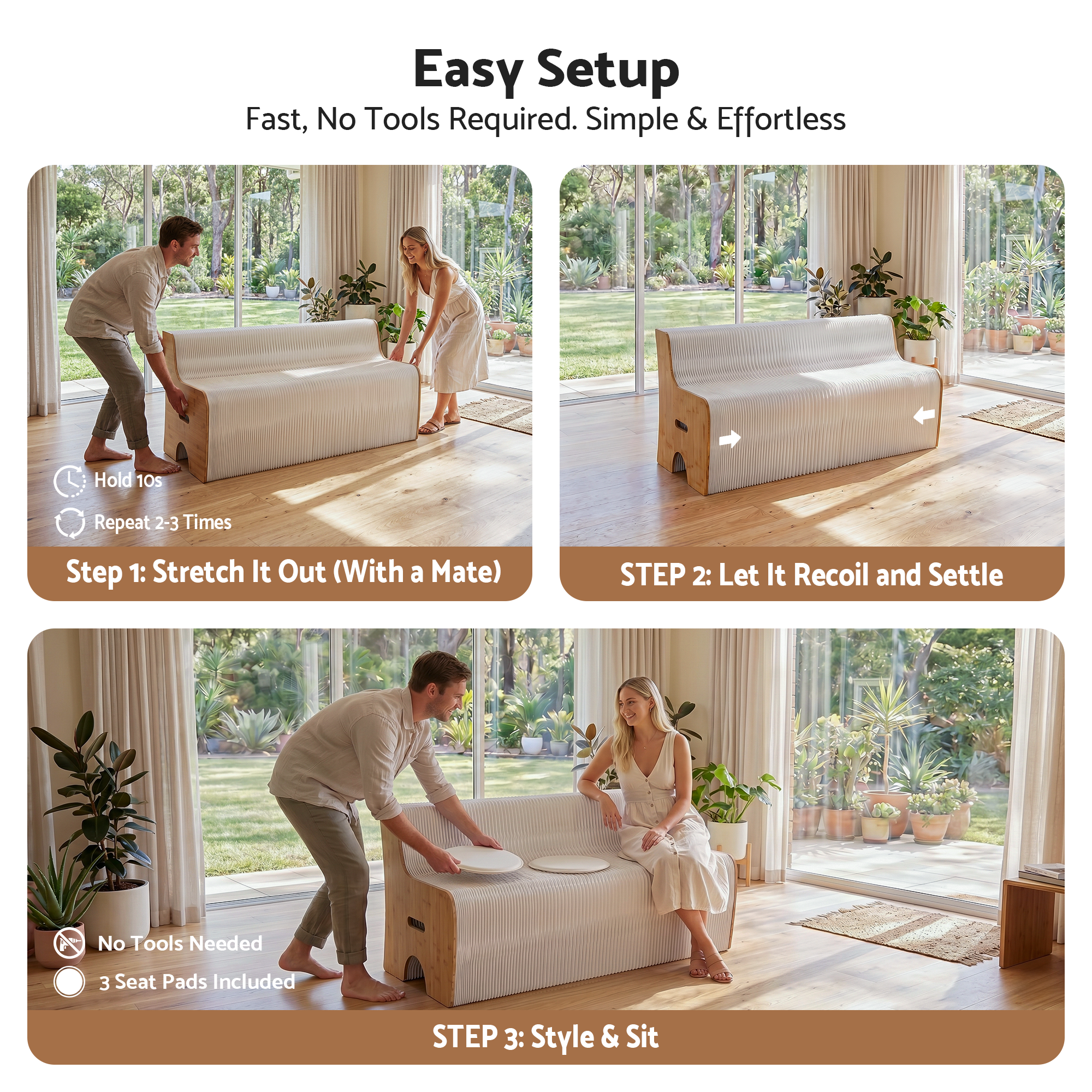Artiss Folding Kraft Paper Sofa 3 Seater Accordion Bench with PU Leather Cushion Collapsible Couch 300kg PAPER-SOFA-3S-WHWD