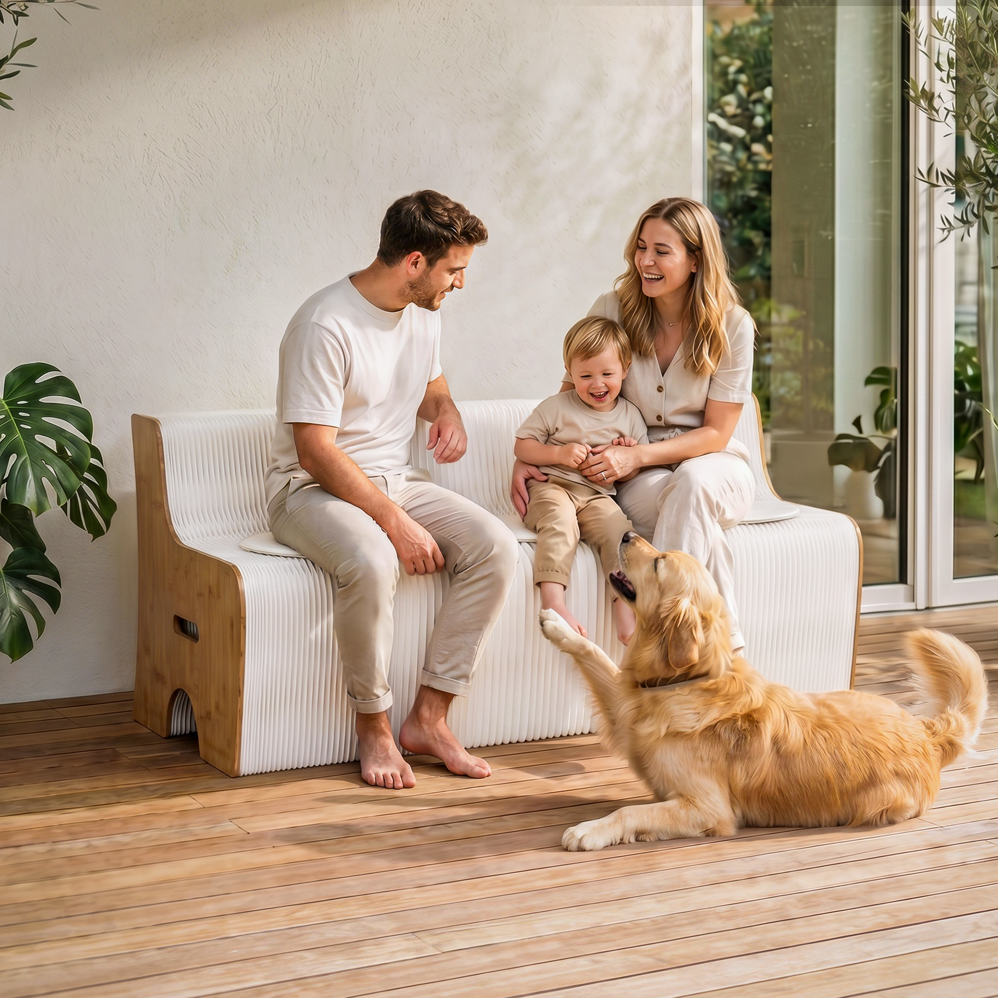 Artiss Folding Kraft Paper Sofa 3 Seater Accordion Bench with PU Leather Cushion Collapsible Couch 300kg PAPER-SOFA-3S-WHWD