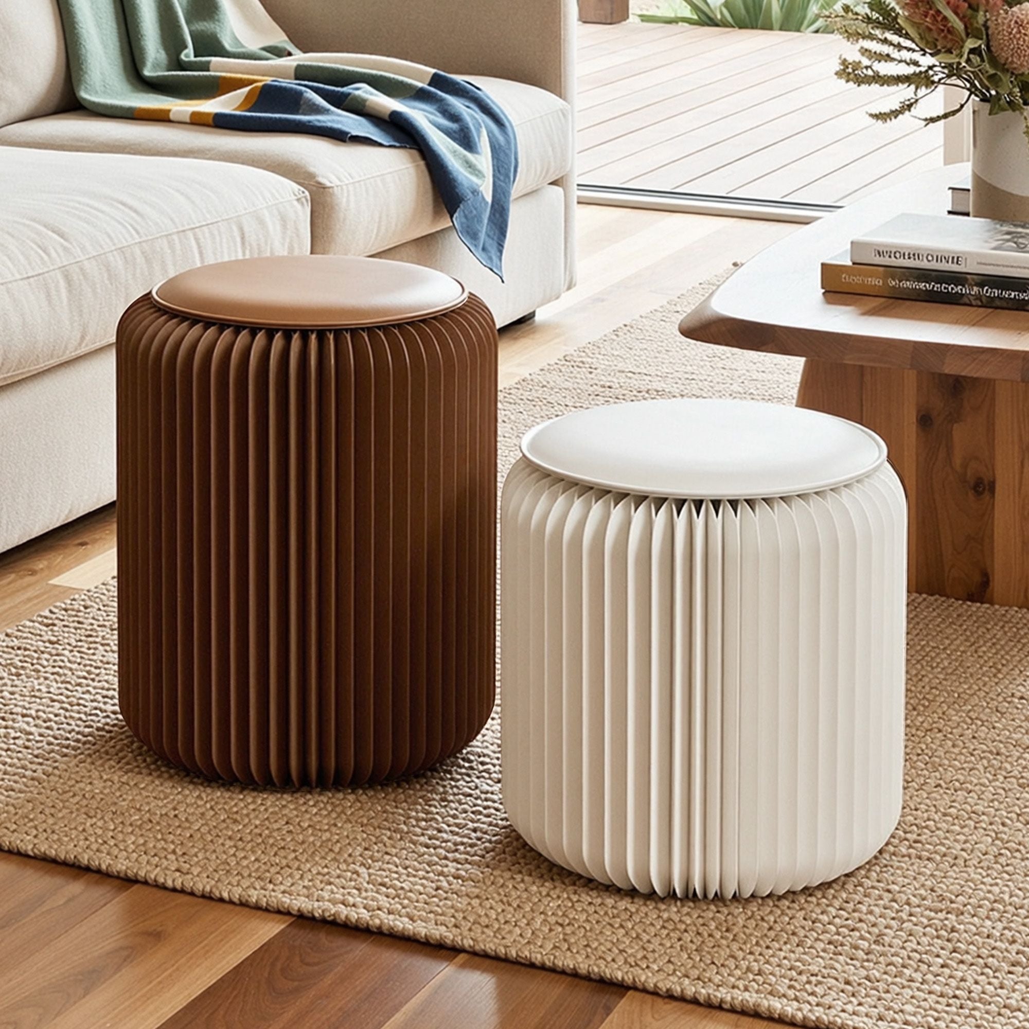 Artiss Accordion Folding Paper Stools Set Includes 2 Cushions Natural Kraft 100KG Capacity PAPER-STOOL-2PC-WHBR
