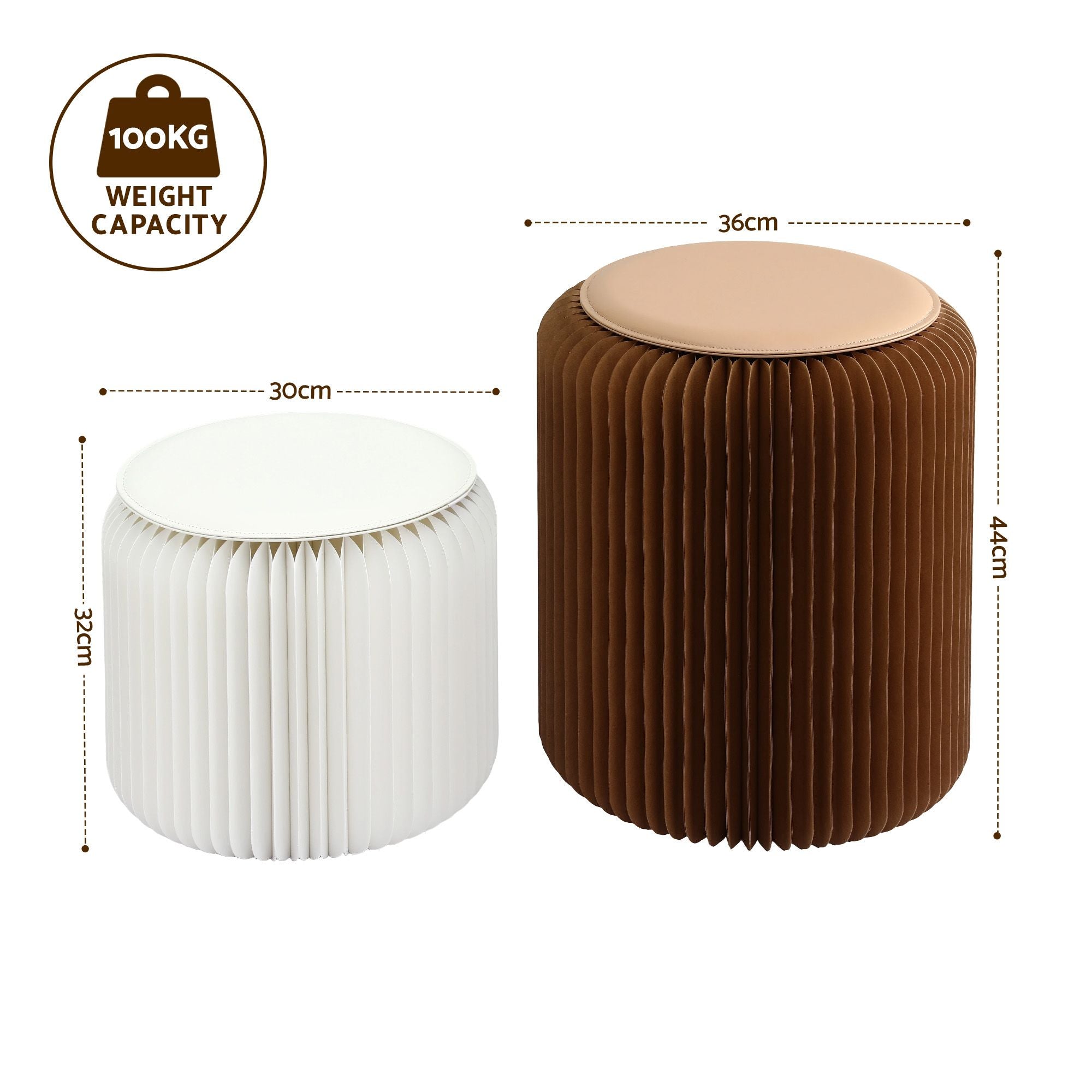 Artiss Accordion Folding Paper Stools Set Includes 2 Cushions Natural Kraft 100KG Capacity PAPER-STOOL-2PC-WHBR