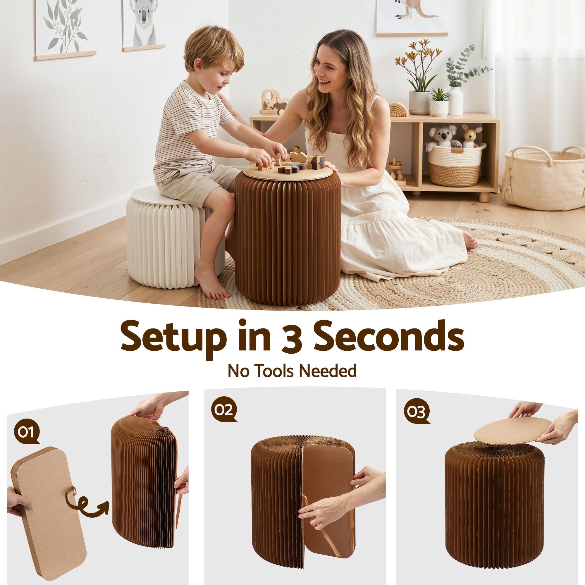 Artiss Accordion Folding Paper Stools Set Includes 2 Cushions Natural Kraft 100KG Capacity PAPER-STOOL-2PC-WHBR