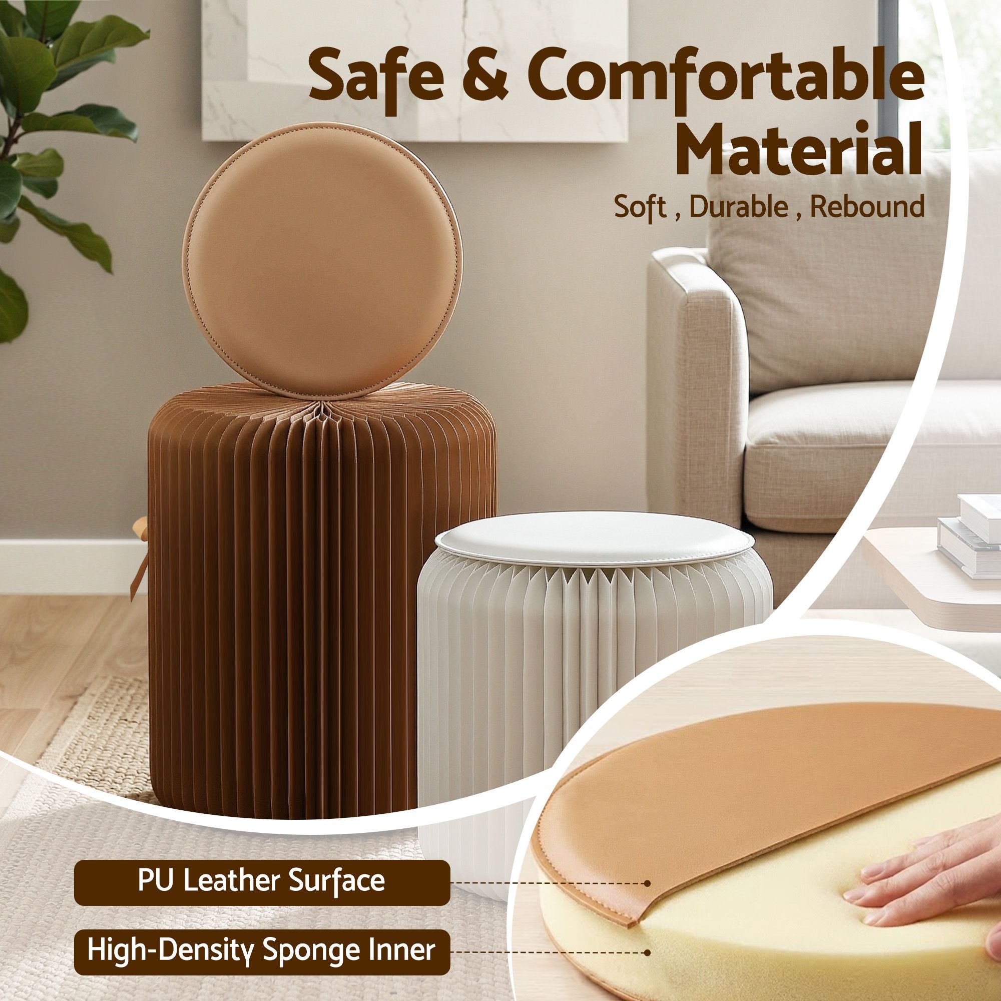 Artiss Accordion Folding Paper Stools Set Includes 2 Cushions Natural Kraft 100KG Capacity PAPER-STOOL-2PC-WHBR