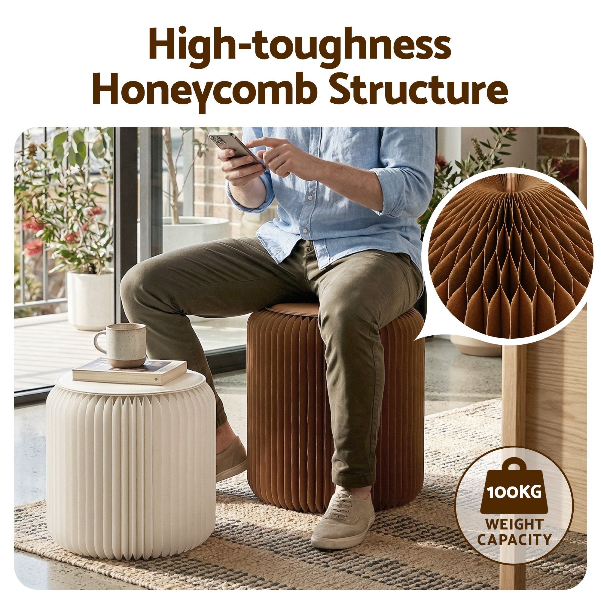 Artiss Accordion Folding Paper Stools Set Includes 2 Cushions Natural Kraft 100KG Capacity PAPER-STOOL-2PC-WHBR