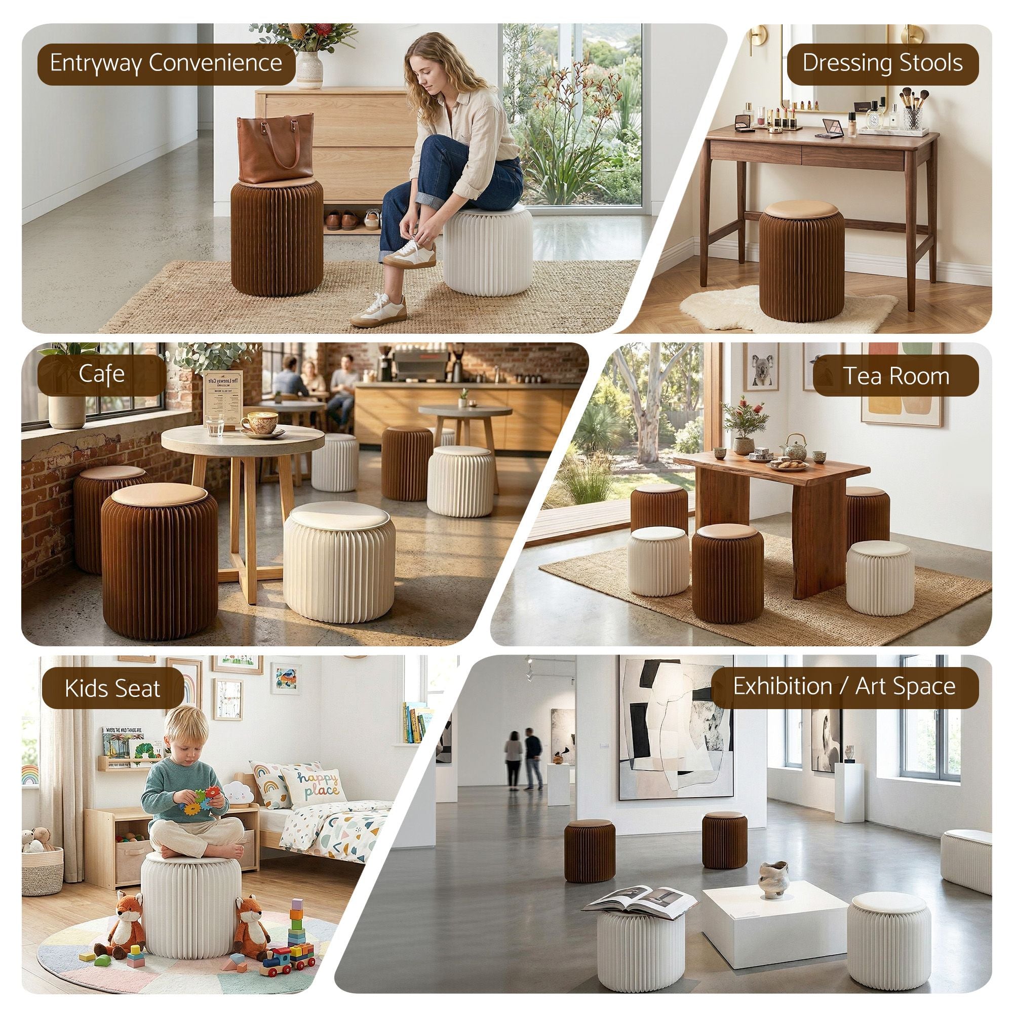 Artiss Accordion Folding Paper Stools Set Includes 2 Cushions Natural Kraft 100KG Capacity PAPER-STOOL-2PC-WHBR