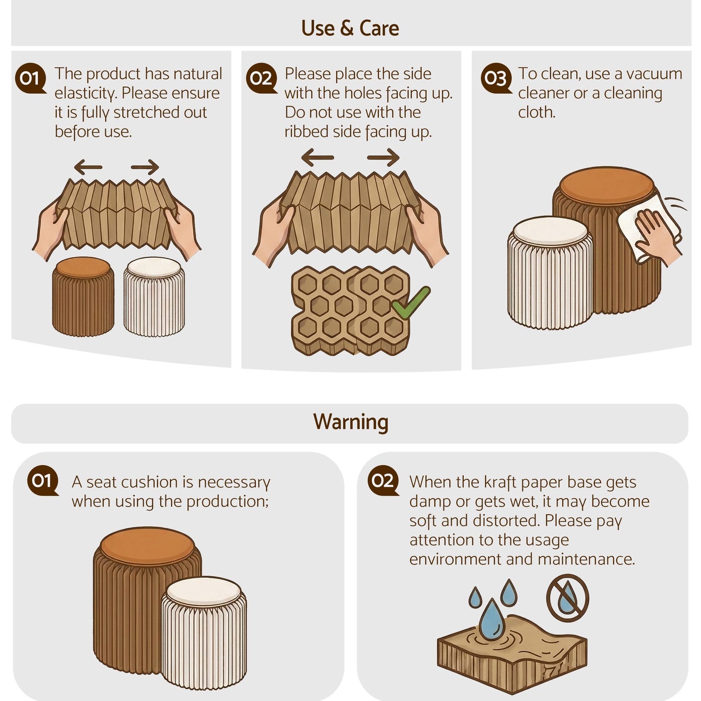 Artiss Accordion Folding Paper Stools Set Includes 2 Cushions Natural Kraft 100KG Capacity PAPER-STOOL-2PC-WHBR
