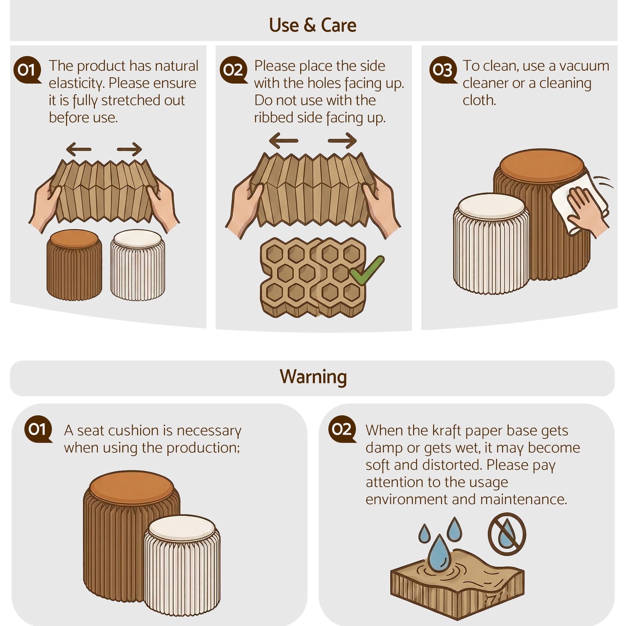 Artiss Accordion Folding Paper Stools Set Includes 2 Cushions Natural Kraft 100KG Capacity PAPER-STOOL-2PC-WHBR