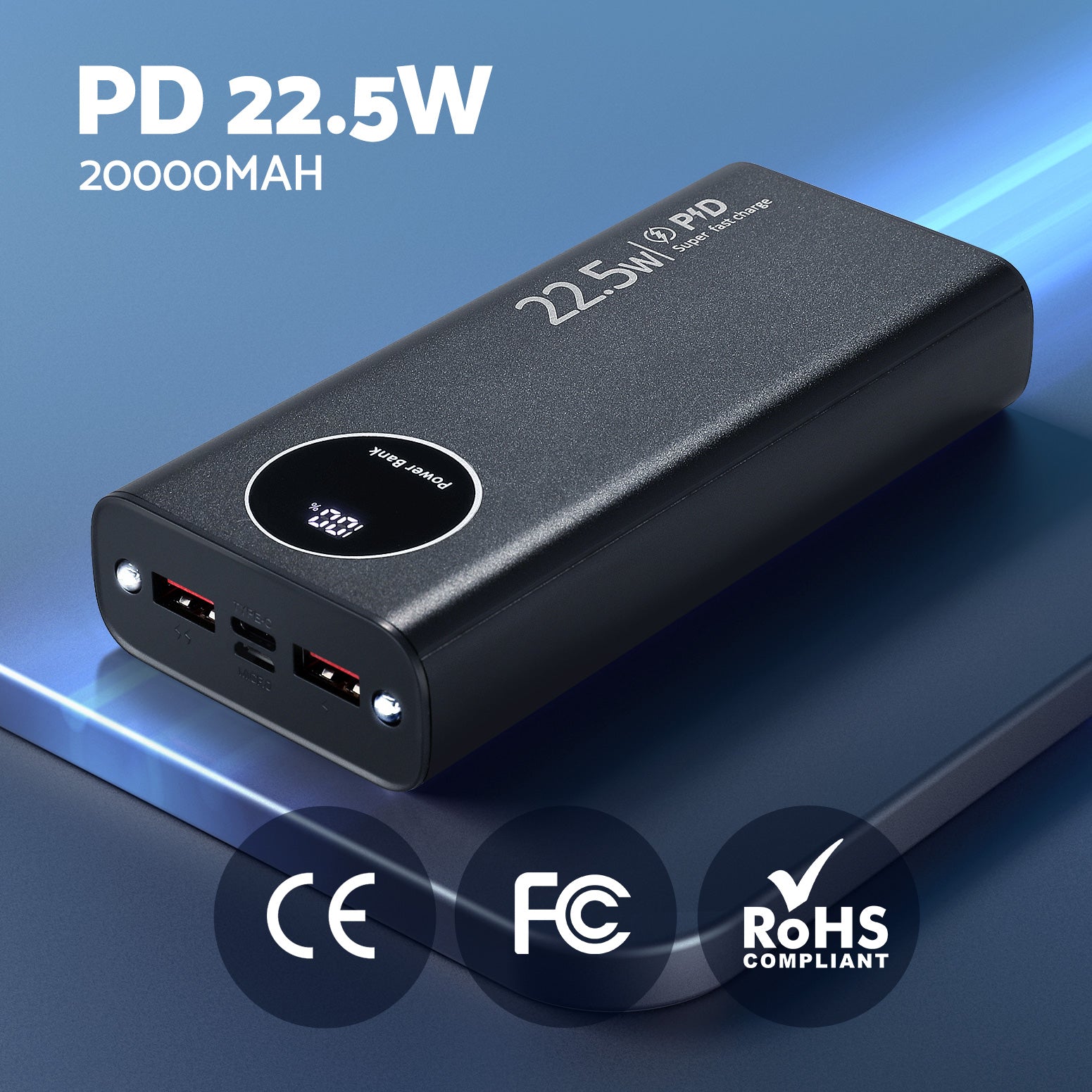 20000mAh Portable Power Bank PD22.5W Quick Charging Fast Charger Phone Battery PB-2WPD20-C-BK