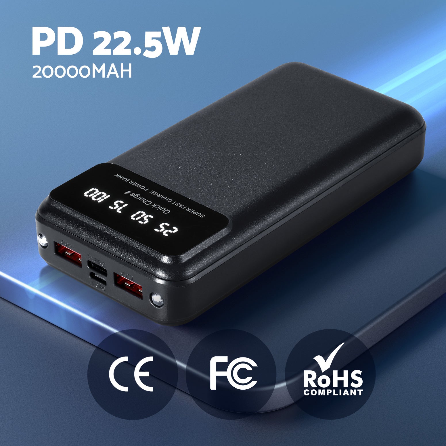 20000mAh Portable Power Bank PD22.5W Quick Charging Fast Charger for Phone Black PB-2WPD20-R-BK