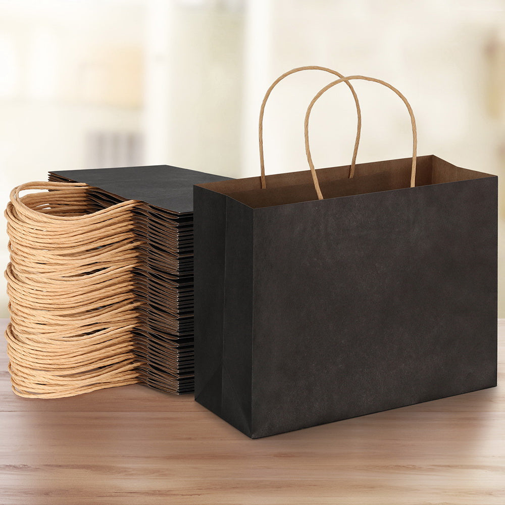 50pcs Bulk Paper Bags Pack Shopping Retail Gift Bags Reusable Soft Handle Black PB-50-P-BK