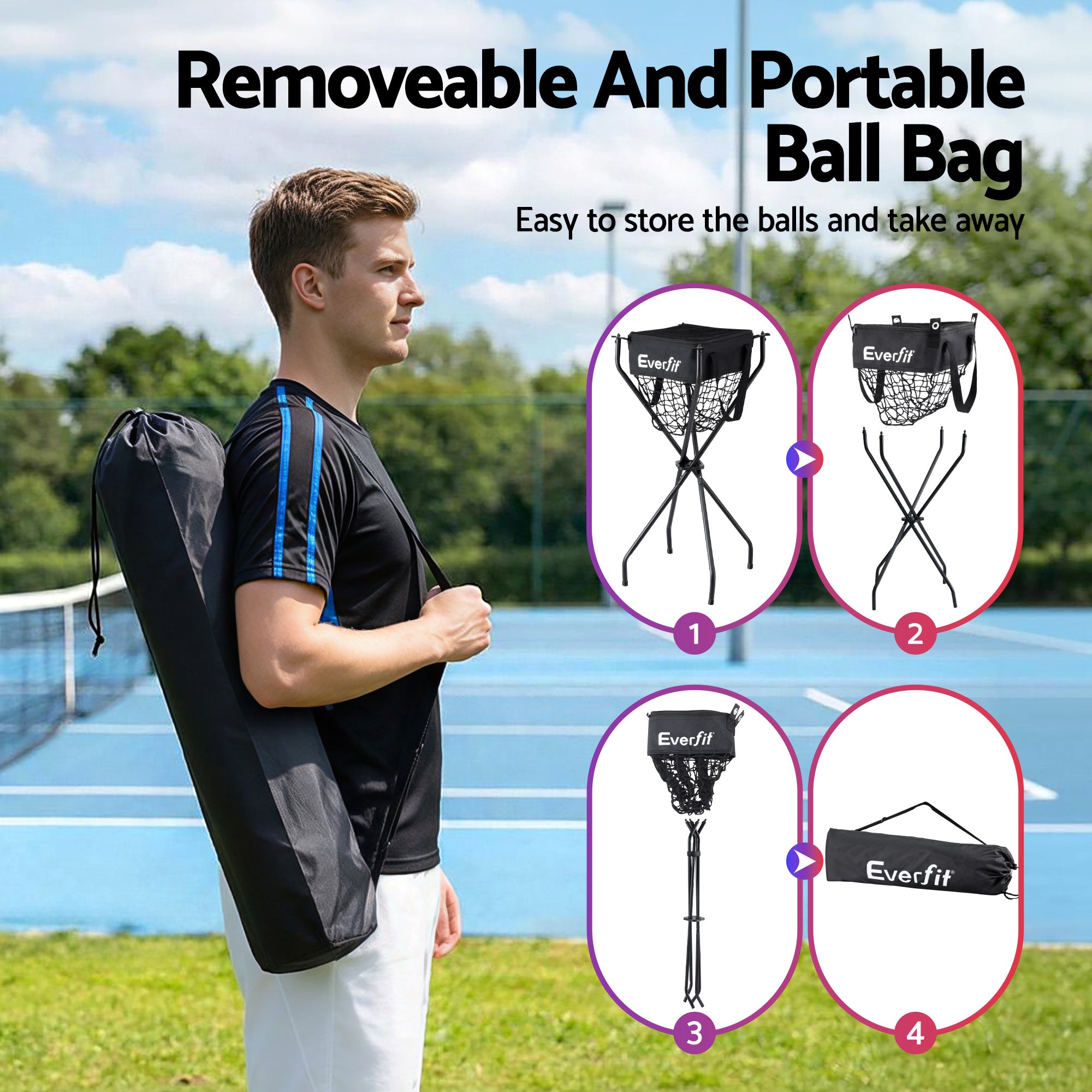 Everfit Portable Ball Cart Foldable Pickleball Tennis Baseball Softball PB-B-CART-BK
