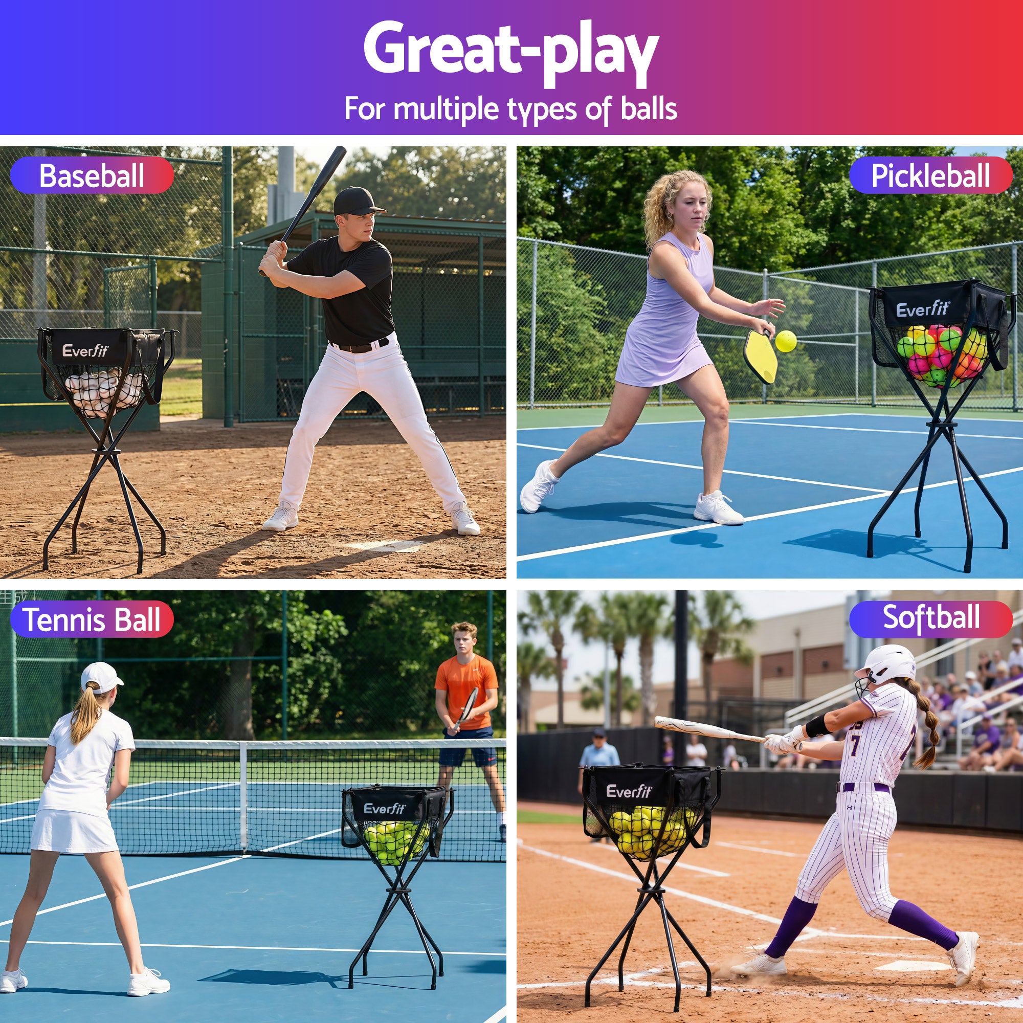 Everfit Portable Ball Cart Foldable Pickleball Tennis Baseball Softball PB-B-CART-BK