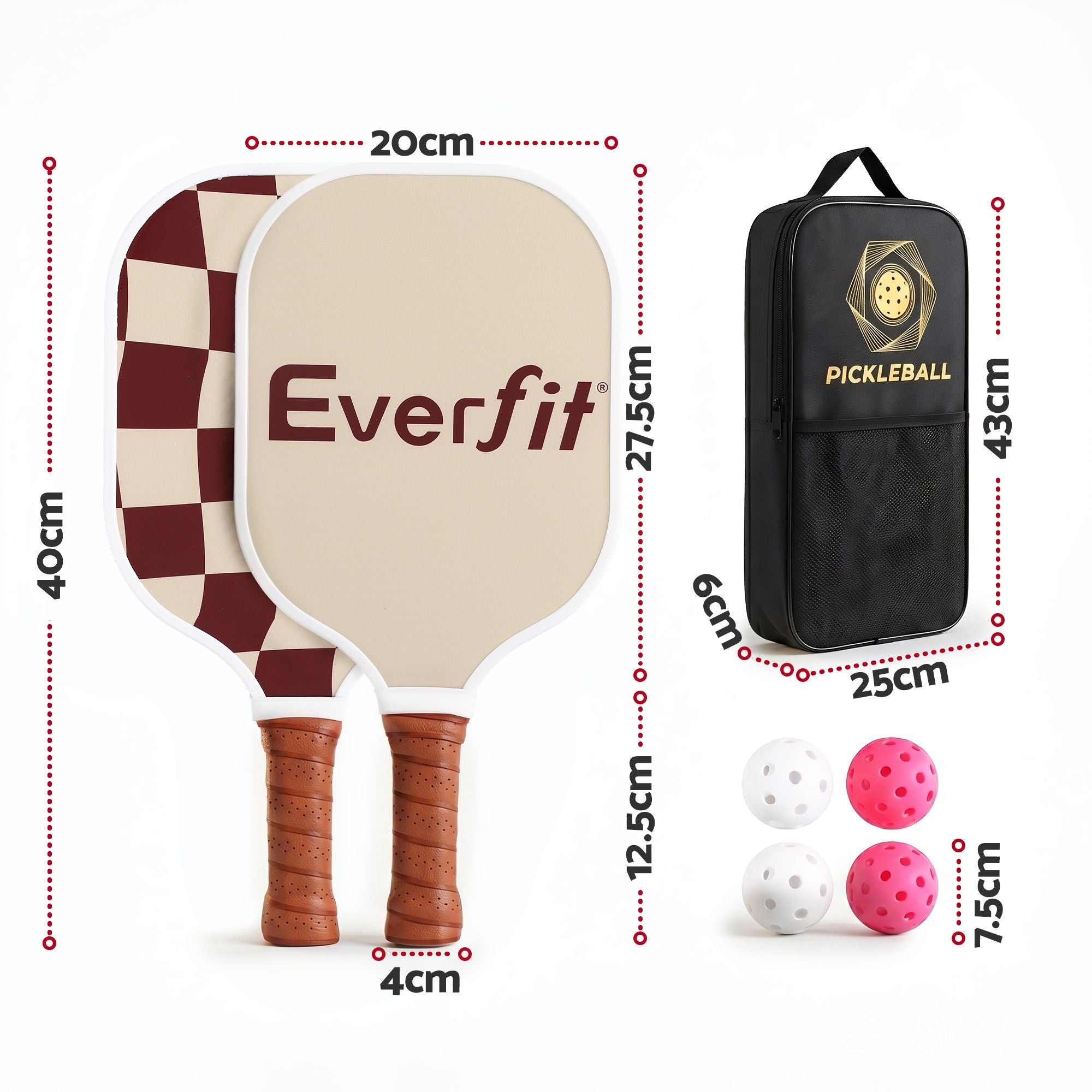 Everfit Pickleball Paddle Set Fibreglass Racquet Honeycomb Core With Bag Brown PB-B-PADDLE-BRX2
