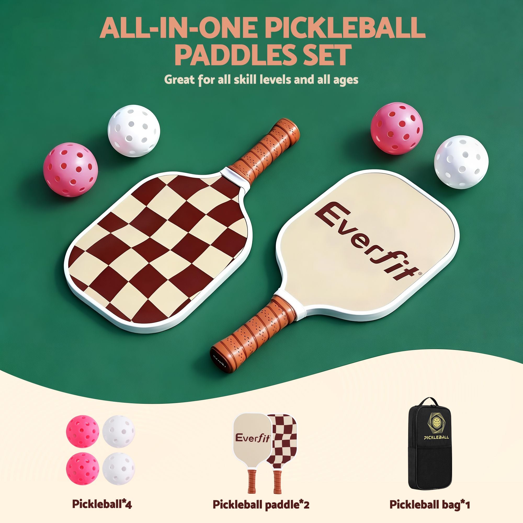 Everfit Pickleball Paddle Set Fibreglass Racquet Honeycomb Core With Bag Brown PB-B-PADDLE-BRX2