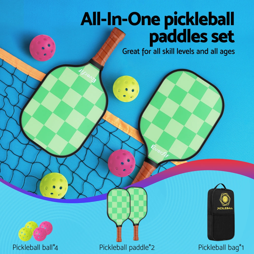 Everfit Pickleball Paddle Set Fiberglass with Balls Bag Tournament Kit 2PCS Pickle Balls Rackets PB-B-PADDLE-GRX2