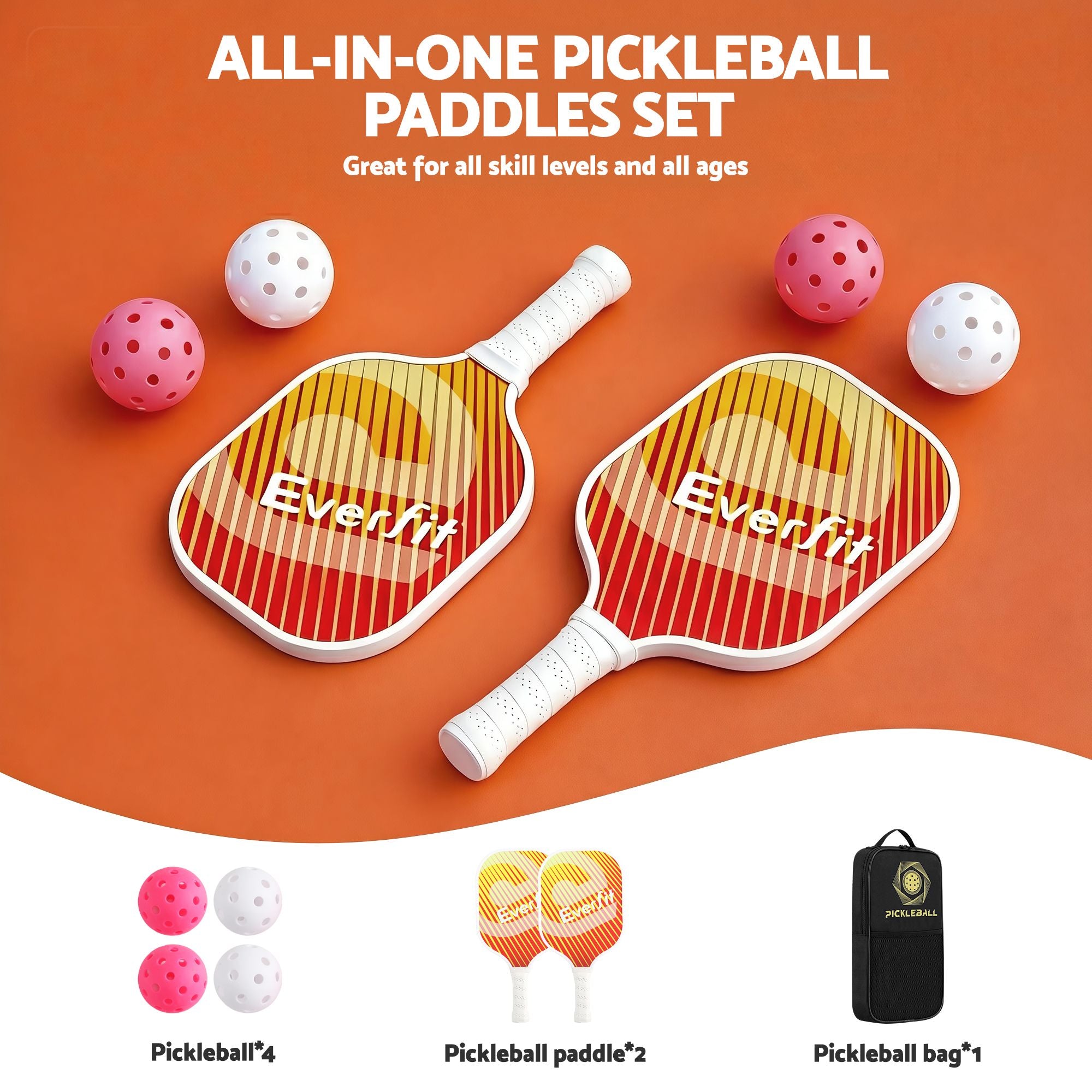 Everfit Pickleball Paddle Set Fibreglass Racquet Honeycomb Core With Bag Orange
