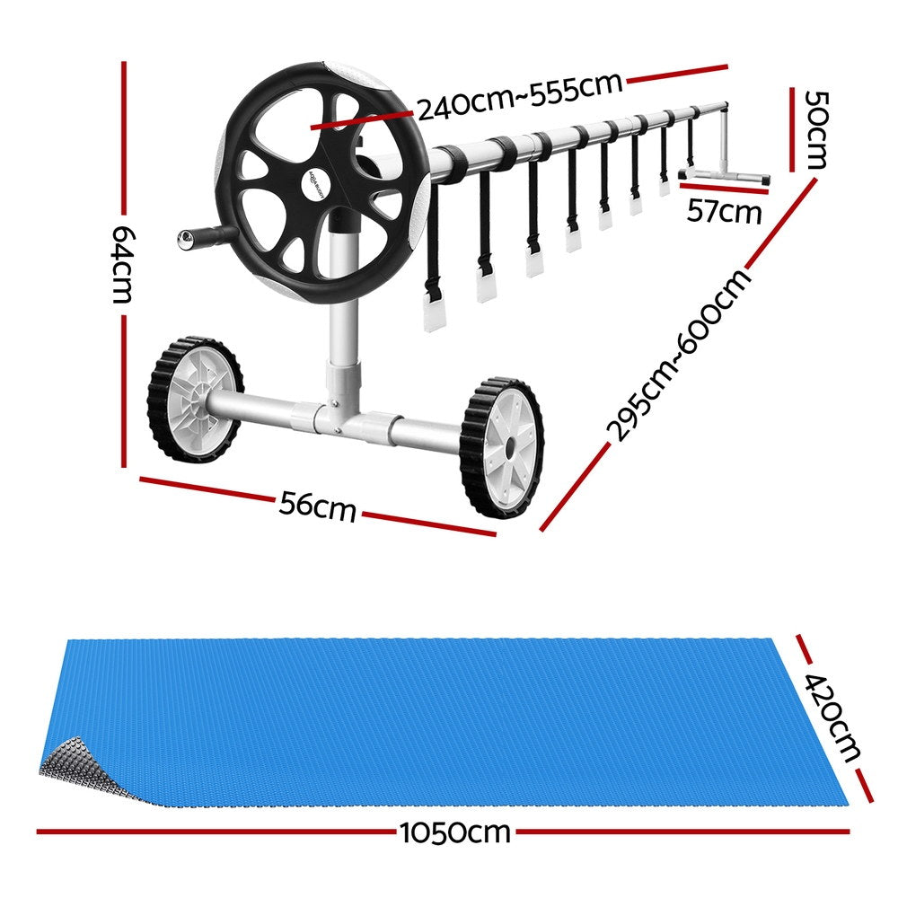 Aqua Buddy Pool Cover 600 Micron Solar Heat Blanket LDPE 10.5x4.2m w/ 5.55m Roller PC-105X42-XL-DX-BL-ROLLER