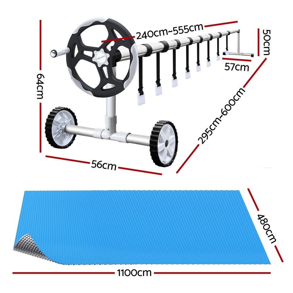 Aquabuddy Pool Cover 500 Micron 11x4.8m Silver Swimming Pool Solar Blanket 5.5m Roller PC-110X48-500-DX-BL-ROLLER