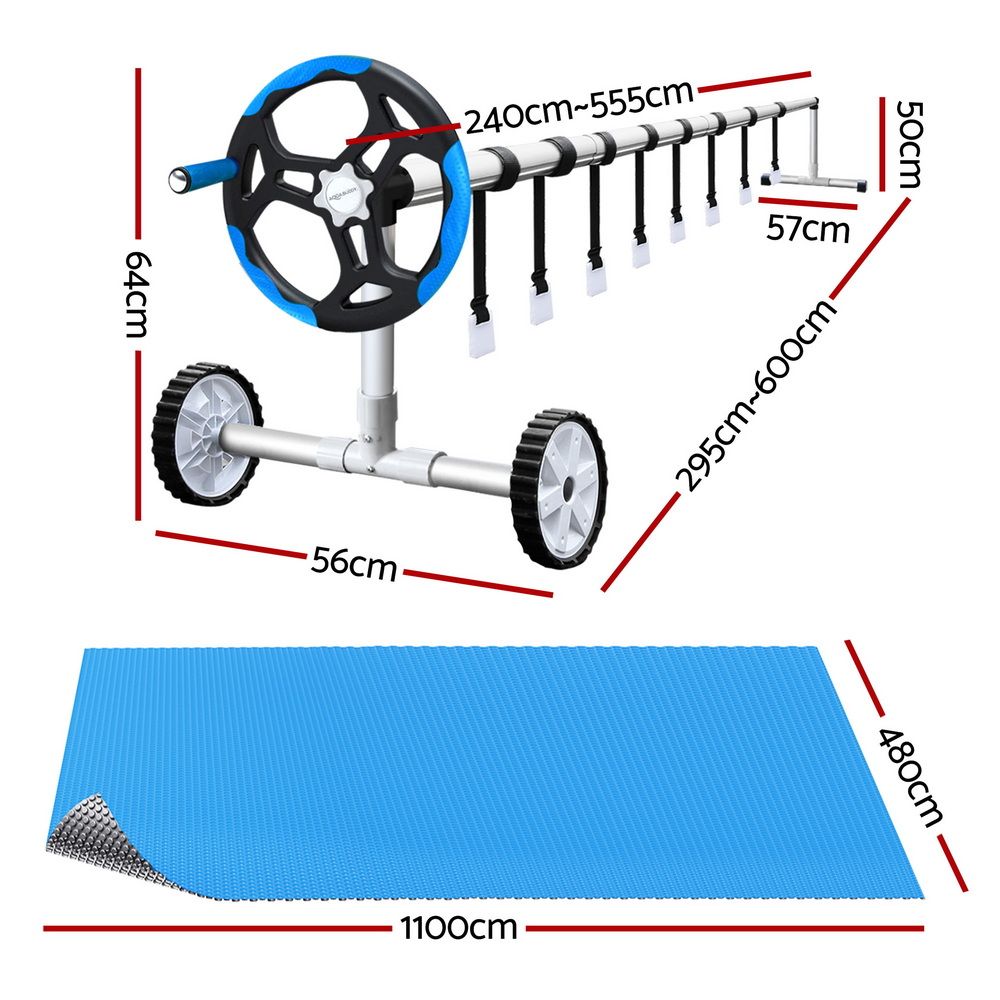 Aquabuddy Pool Cover 500 Micron 11x4.8m Silver Swimming Pool Solar Blanket 5.5m Blue Roller PC-110X48-L-DX-BL-ROLLER-BU