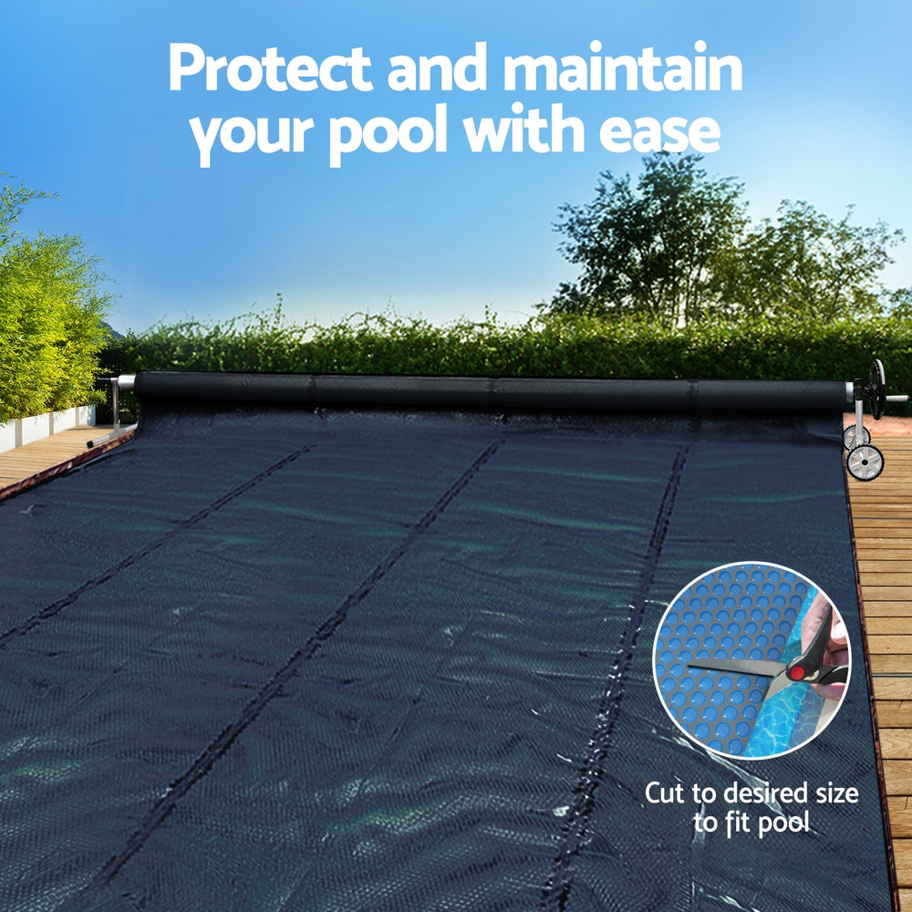 Aqua Buddy Pool Cover 600 Micron 11x4.8m w/ Roller 5.55m Swimming Pools Black Solar Blanket PC-110X48-XL-BK-BL-ROLLER
