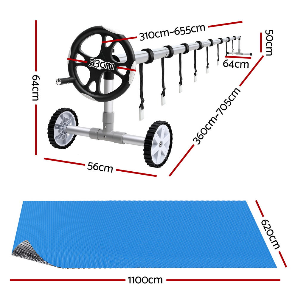 Aqua Buddy Pool Cover 600 Micron 11x6.2m w/ Roller 6.55m Swimming Pools Solar Blanket PC-110X62-L-DX-BL-64ROL
