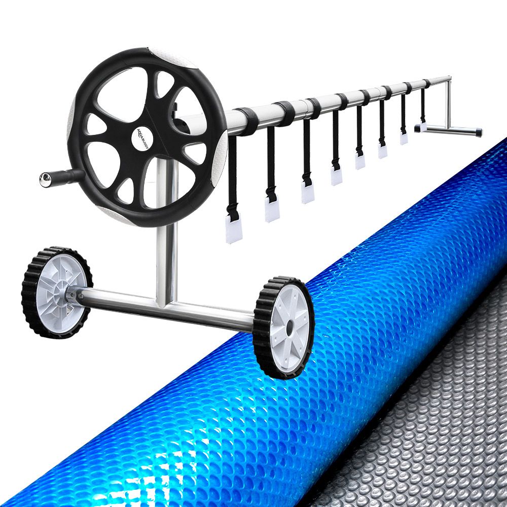 Aquabuddy Pool Cover 6.5x3m 400 Micron Silver Swimming Pool Solar Blanket 5.5m Roller PC-65X30-400-DX-BL-ROLLER