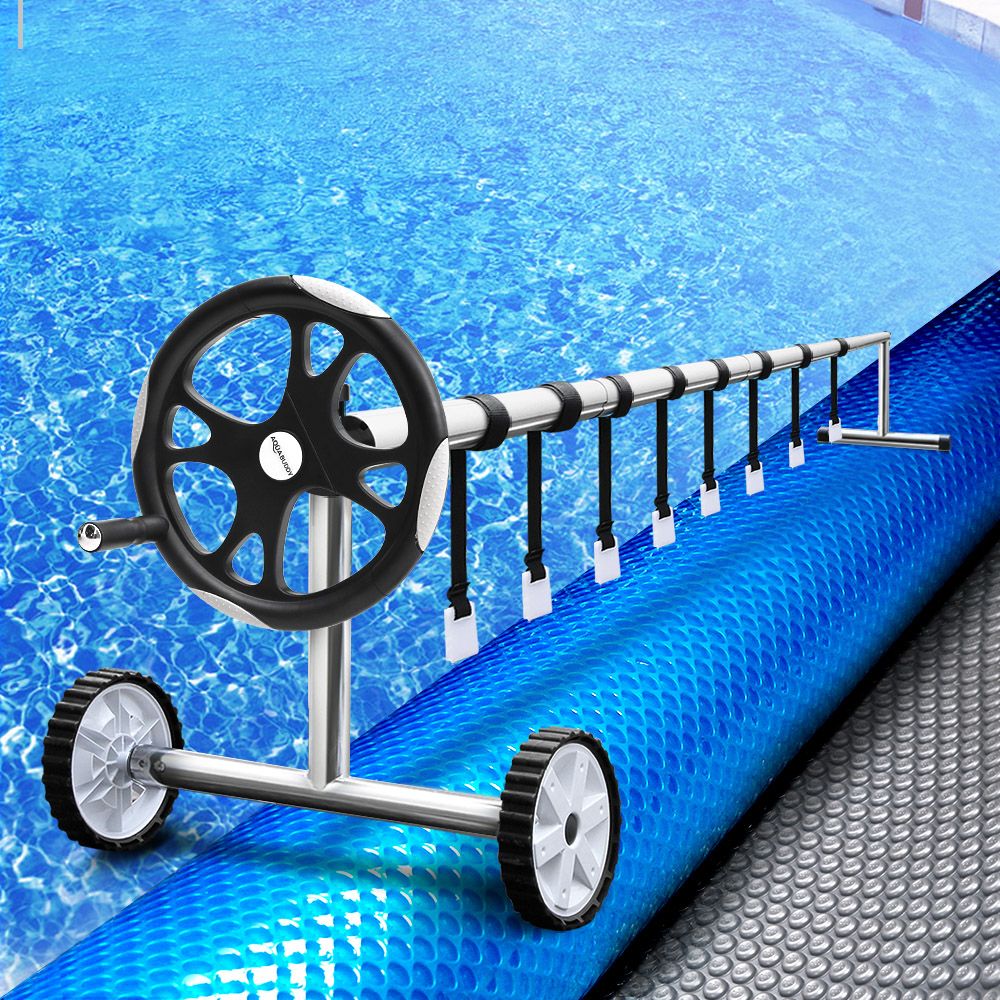 Aquabuddy Pool Cover 6.5x3m 400 Micron Silver Swimming Pool Solar Blanket 5.5m Roller PC-65X30-400-DX-BL-ROLLER