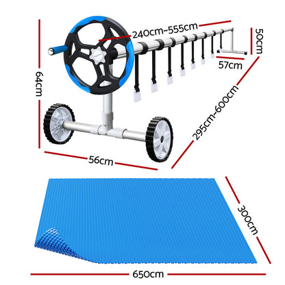 Aqua Buddy Pool Cover 600 Micron 6.5x3m w/ Roller 5.55m Swimming Pools Solar Blanket PC-65X30-L-BL-ROLLER-BU