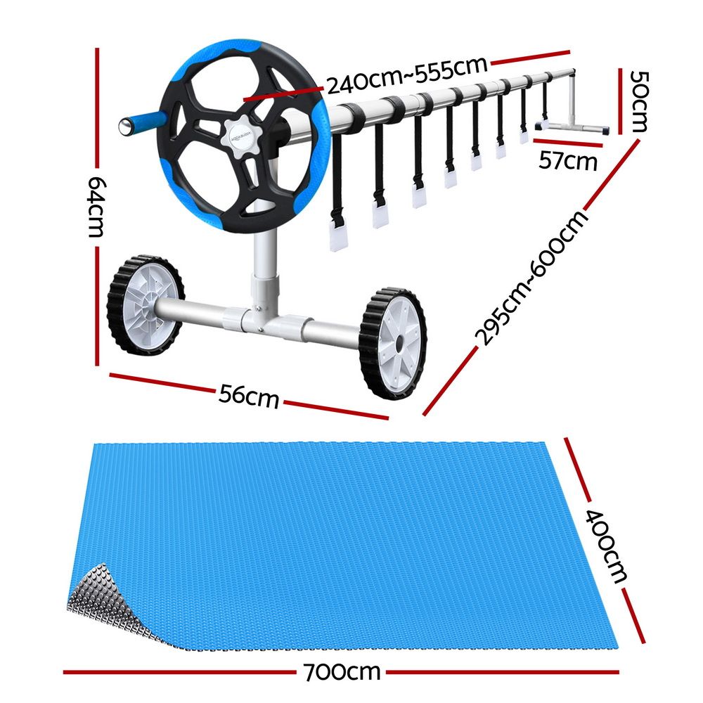Aquabuddy Pool Cover 500 Micron 7x4m Silver Swimming Pool Solar Blanket 5.5m Blue Roller PC-70X40-L-DX-BL-ROLLER-BU