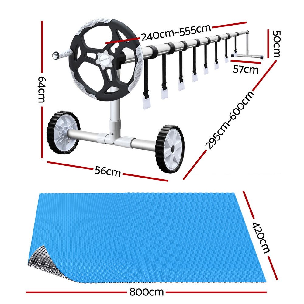 Aquabuddy Pool Cover 400 Micron 8x4.2m Swimming Pool Solar Blanket 5.5m Roller PC-80X42-400-DX-BL-ROLLER