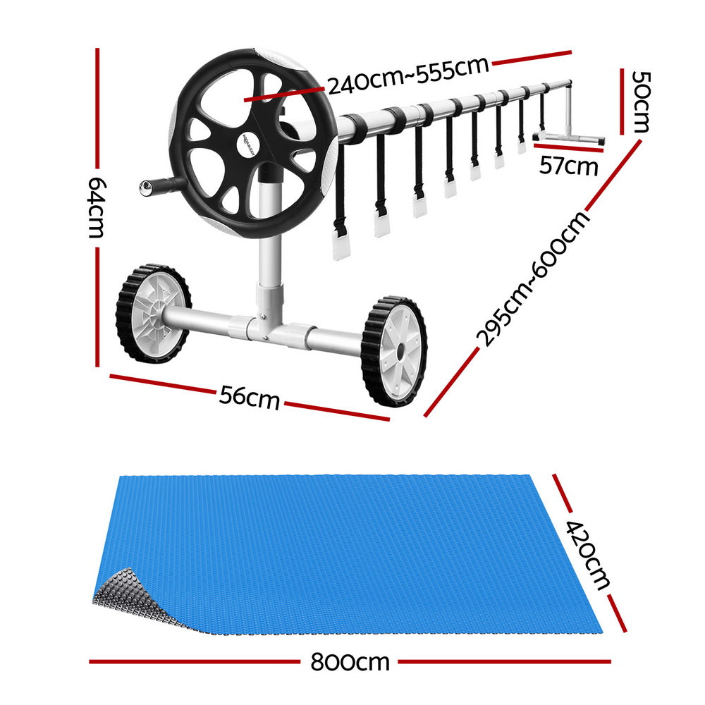 Aqua Buddy Pool Cover 600 Micron Solar Heat Blanket LDPE 8x4.2m w/ 5.55m Roller PC-80X42-XL-DX-BL-ROLLER